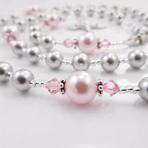 Baptism, First Communion Personalized Rosary Gift Girl Catholic Confirmation or Quinceanera Gray and Pink image 2