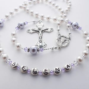 First Communion Gift for a Little Girl - Personalized Rosary in White and Lavender Purple - Baptism or Confirmation Custom Special Gift