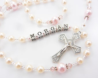 First Communion Personalized Rosary in Cream and Blush Pink - Baptism, Confirmation, Quinceanera - Baby or Little Girl- Made in the USA