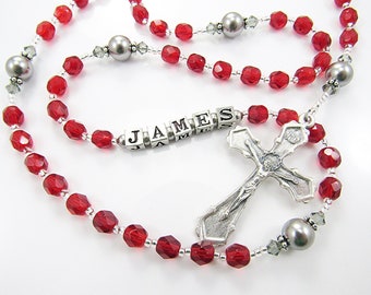 Handmade Rosary Beads - Personalized - July Birthstone Ruby Red - Baptism, First Communion, Confirmation - Boy Gift