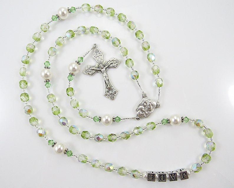 August Birthstone Peridot Green Personalized Rosary Baptism, First Communion, Confirmation Gift Handmade in the USA image 7