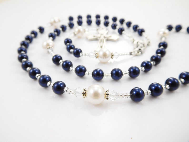 Baptism Boy Rosary Gift in Navy Blue and White Christening, First Holy Communion, Confirmation Male Baby Keepsake Handmade in USA image 2