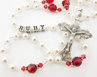 July Ruby Birthstone - Personalized Red Rosary Beads -  Confirmation Gift - Pearls and Crystals - Baptism, Christening First Communion