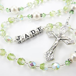 August Birthstone Peridot Green Personalized Rosary Baptism, First Communion, Confirmation Gift Handmade in the USA image 1