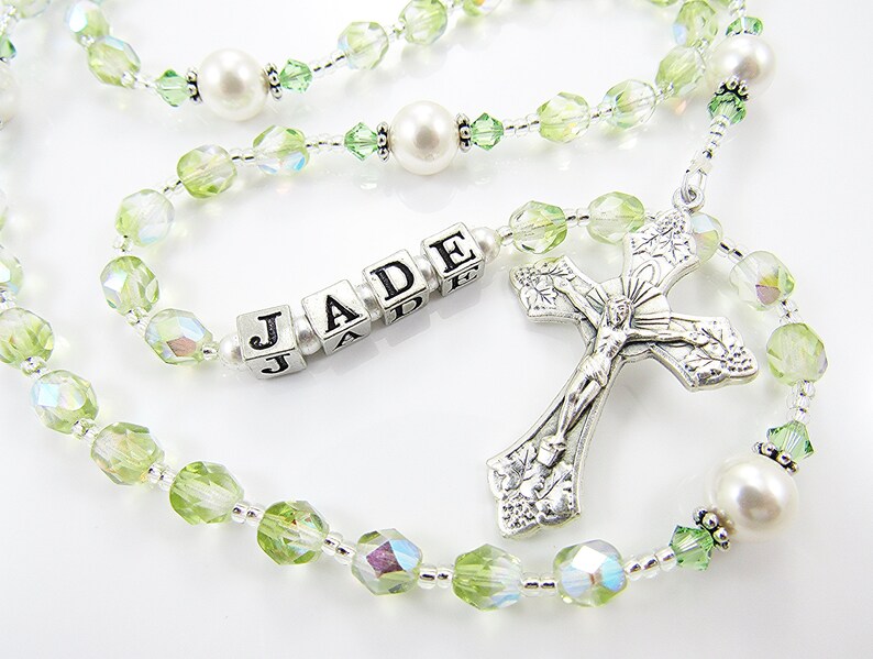 August Birthstone Peridot Green Personalized Rosary Baptism, First Communion, Confirmation Gift Handmade in the USA image 1