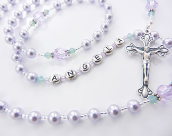 First Communion Gift for a Girl, Baptism Keepsake for a Baby Baby Girl, Purple and Green Rosary Beads, Beautiful Special Unique Gift