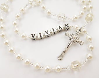 Personalized Rosary Beads in White Czech Glass - Baptism Gift, First Communion Gift, Confirmation, Baby or Girl Keepsake, Mother Rosary