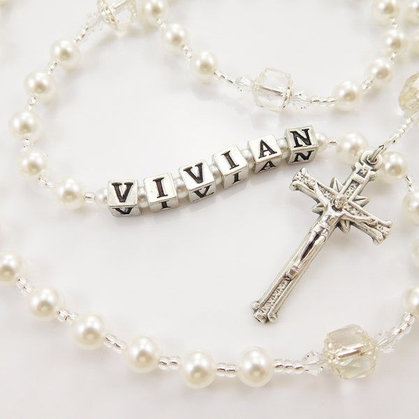 Personalized Rosary Beads in White Czech Glass - Baptism Gift, First Communion Gift, Confirmation, Baby or Girl Keepsake, Mother Rosary