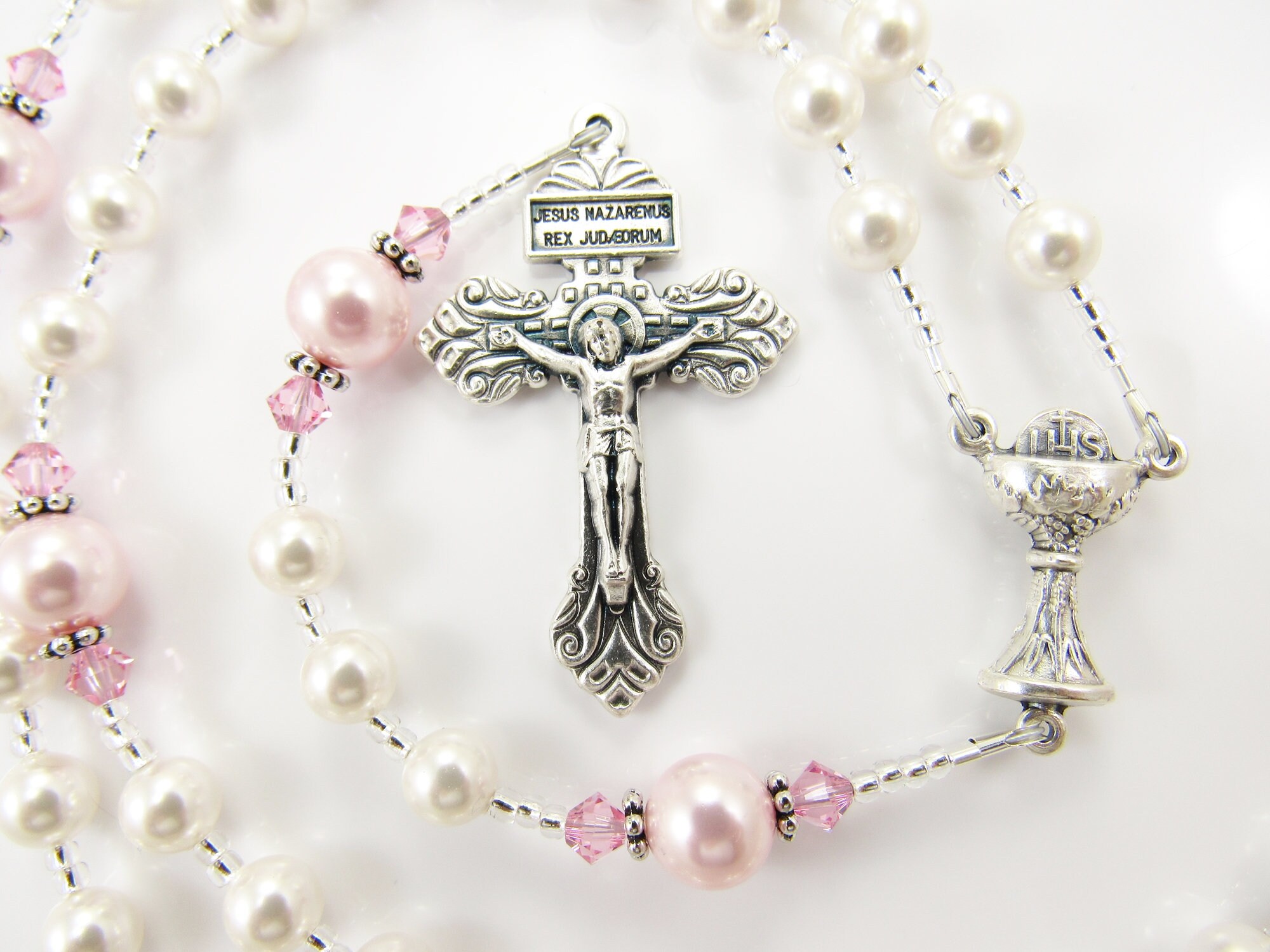 Personalized Rosary Beads in White and Pink Baptism Gift | Etsy Canada