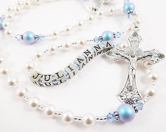 Personalized Rosary in White and Iridescent Light Blue - Gift for a Baby Girl - Baptism, First Communion, Confirmation - Handmade in the USA