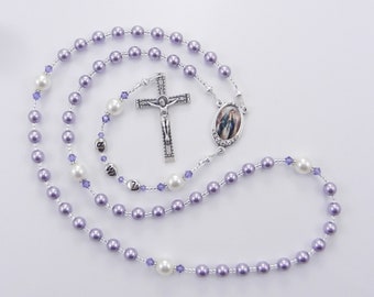 Purple and White Personalized Rosary Beads -  Baptism, First Communion, Christmas Gift for a Girl, Handmade in the USA