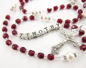 January Birthstone Rosary - Garnet Red Personalized Keepsake - Gift for Baptism, First Communion, Confirmation Sponsor Gift - Boy or Girl