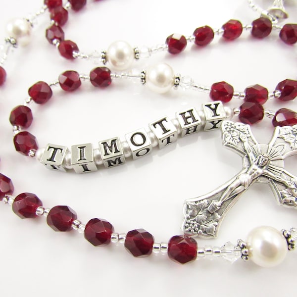 January Birthstone Rosary - Garnet Red Personalized Keepsake - Gift for Baptism, First Communion, Confirmation Sponsor Gift - Boy or Girl