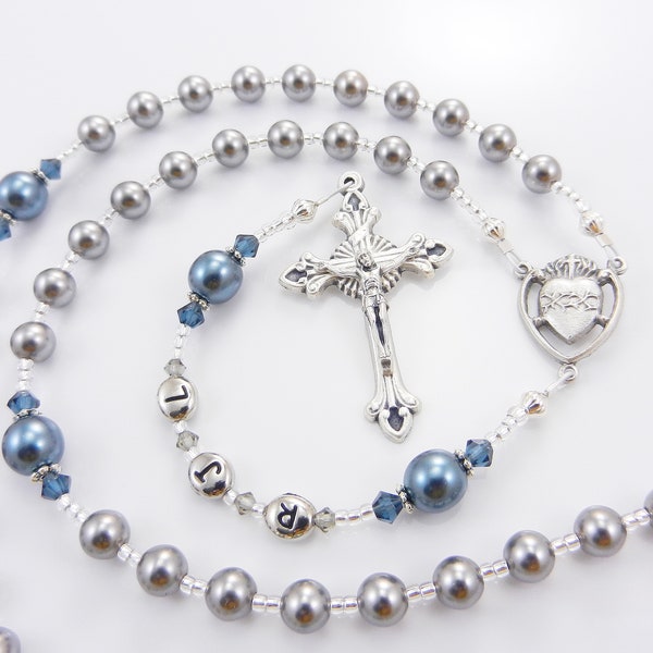 Personalized Rosary Beads - Catholic Christmas Gift for a Boy, Medium Gray and Blue, Baptism, First Communion Handmade in the USA