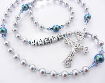 New! First Communion Rosary Gift for a Boy in Light Gray and Green-Blue - Baptism, Christening, Confirmation, Baby Keepsake - Handmade USA
