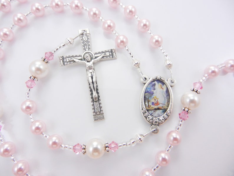 First Communion Rosary Gift for a Little Girl Keepsake for Baptism Christening All Ages Pretty Pink and White Handmade image 2