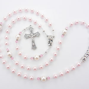 First Communion Rosary Gift for a Little Girl Keepsake for Baptism Christening All Ages Pretty Pink and White Handmade image 7