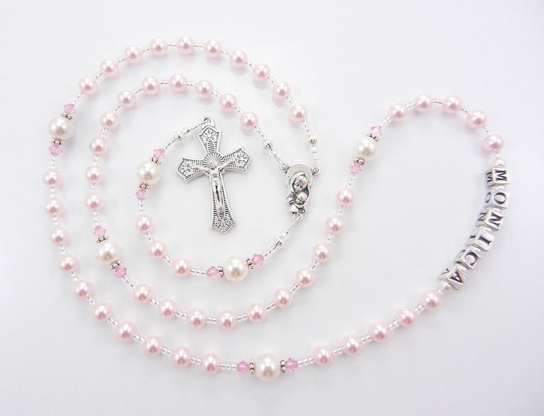 First Communion Rosary Gift for a Little Girl Keepsake for Baptism Christening All Ages Pretty Pink and White Handmade image 7
