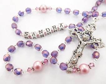 Personalized Rosary Gift in Royal Purple and Dusty Rose - First Communion Gift, Baptism, Confirmation, Quinceanera Catholic Present