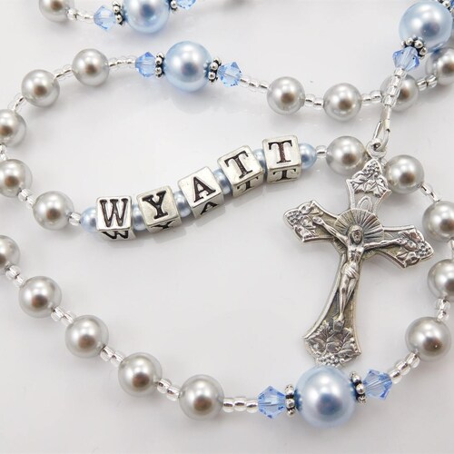Baby Boy Baptism Personalized Rosary in White and Light Blue Etsy