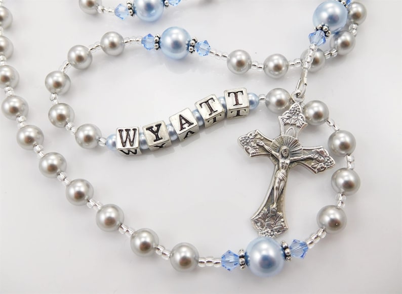Baptism Boy Rosary Personalized in Gray and Light Blue - Christening , First Communion, Confirmation Gift Keepsake - Crystal Pearls 