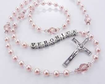 Personalized Handmade Rosary Beads in Pale Pink - Crystal Pearls - Baptism Christening First Holy Communion Gift or Confirmation Gift