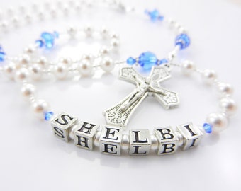 September Rosary Birthstone Sapphire Crystal - Personalized Rosary - Baptism, First Communion, or Confirmation Gift - Handmade USA