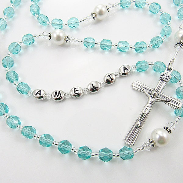 March Birthstone - Aqua Green and white - Personalized Catholic Rosary Beads - Baptism, First Communion, Confirmation, Quinceanera gift