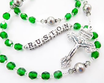 Emerald Green and Gray Personalized Rosary for a Boy - Gift for First Communion, Baptism, Confirmation - Handmade - Choose your Medals