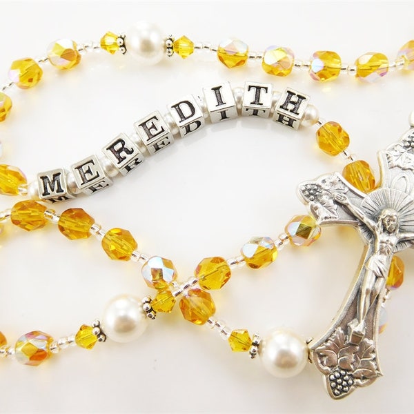 November Birthstone Topaz and Citrine Personalized Rosary - Baptism, First Communion, Confirmation