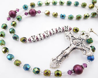 Personalized Rosary Beads - Iridescent Green and Plum Purple - Baptism, First Communion or Confirmation Gift - Handmade in the USA