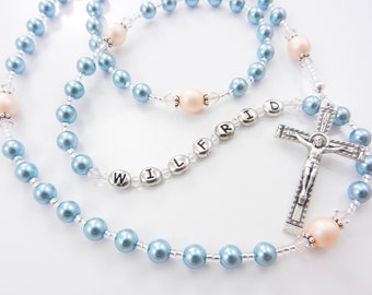 Blue and Pale Pink Rosary Beads - Handmade in the USA - Czech Glass Beads - Personalized - Boy Gift - Baptism, First Communion