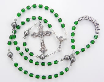Personalized Catholic Rosary Beads: First Communion Gift for a Boy - Green and Gray