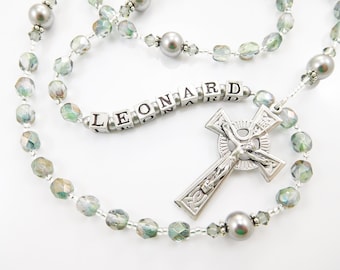 First Communion Personalized Gift for a Boy - Catholic Rosary - Green and Gray - Baptism, Confirmation Gift - Godfather Gift - All Ages