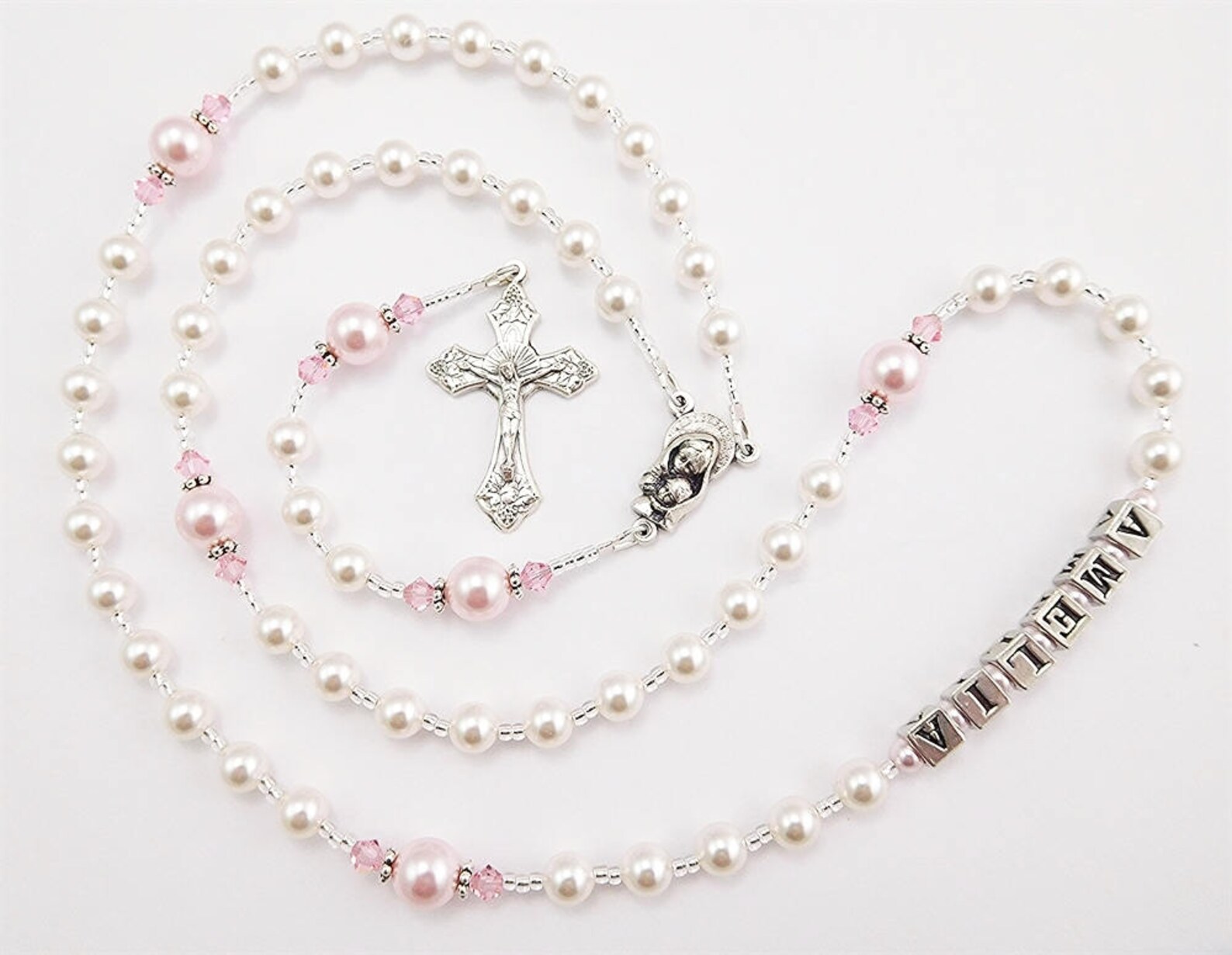 Personalized Rosary Beads in White and Pink Baptism Gift - Etsy