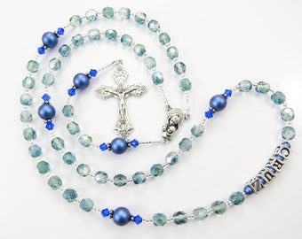 Personalized Catholic Rosary: Sea Green Czech Glass, Royal Blue Crystal - Handmade USA