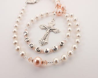Baptism Gift for a Baby Girl - Personalized Rosary - Choose Your Colors – Catholic Rosary in Peach - Petite Size