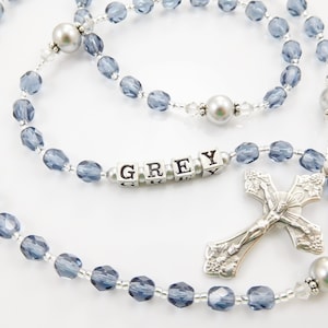 Personalized First Communion Rosary: Blue Czech Glass Beads, Baptism Gift for a Boy