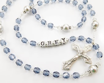 Personalized First Communion Rosary: Blue Czech Glass Beads, Baptism Gift for a Boy