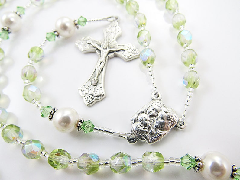 August Birthstone Peridot Green Personalized Rosary Baptism, First Communion, Confirmation Gift Handmade in the USA image 3