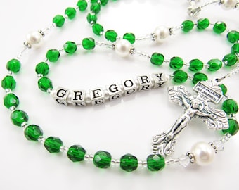 May Birthstone Emerald Personalized Rosary - Baptism, First Communion, Confirmation For a Boy or Girl - Handmade in the USA