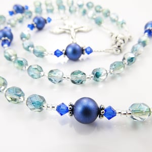 Personalized Catholic Rosary: Sea Green Czech Glass, Royal Blue Crystal - Handmade USA