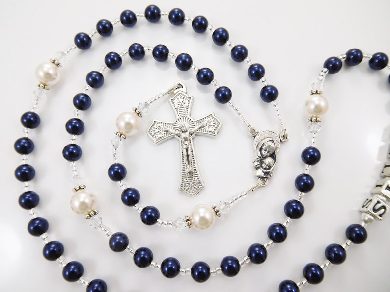Baptism Boy Rosary Gift in Navy Blue and White Christening, First Holy Communion, Confirmation Male Baby Keepsake Handmade in USA image 3