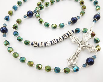 Personalized Rosary Beads - Iridescent Green and Navy Blue - Baptism, First Communion, Confirmation - Boy Gift - Handmade in the USA