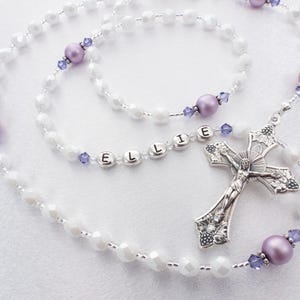 Baby Girl Christening Gift Baptism Personalized Rosary Beads for First Communion or Confirmation, Rosary for Child or Woman, White Purple