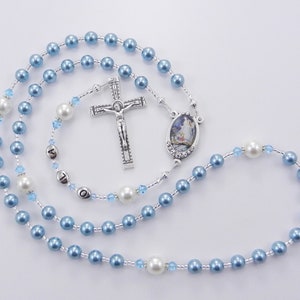 Blue and White Personalized Rosary Beads -  Baptism, First Communion, Christmas Gift for a Boy, Handmade in the USA