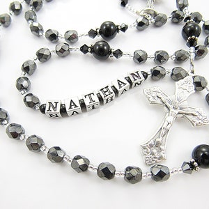 Black Hematite Rosary Beads - Personalized Baptism, First Communion, Confirmation - Boy Gift - Handmade in USA