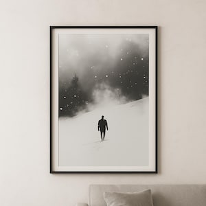 Abstract Nordic Wall Art Print – Minimalist Winter Snow Landscape Poster, Black and White Modern Digital Download, Scandinavian Art