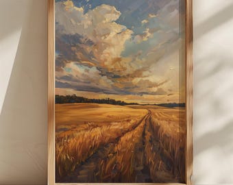 Impression d'art de chemin de champ de blé d'or | Paysage coucher de soleil à la ferme | Décoration murale champêtre rustique à imprimer