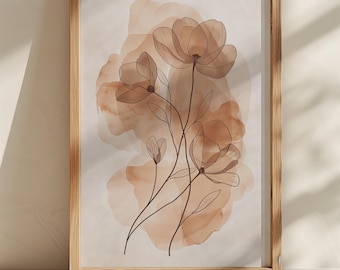 Terracotta Floral Line Art Print: Beige Botanical Watercolor (Digital Download)